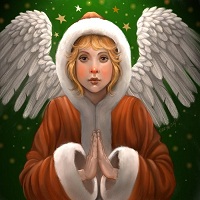 Angel with wings wearing a red Santa coat