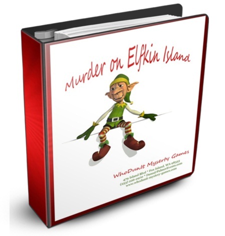 Cover of the book called Murder on Elfkin Island. Picture of an elf wearing a green suit with red and white striped tights and red elfin shoes