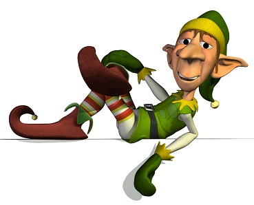 An elf laying on his back wearing a green outfit with red and white striped tights and red elf shoes