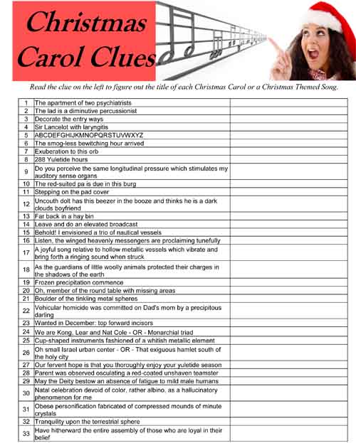 Christmas Carol Clues Game Sheet