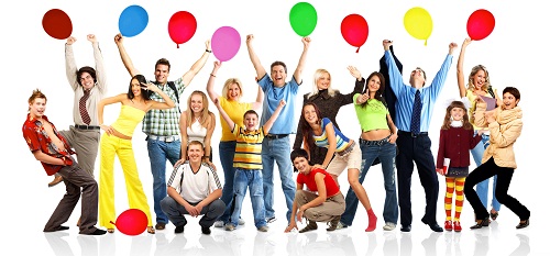 Group of happy smiling people planning party games with balloons