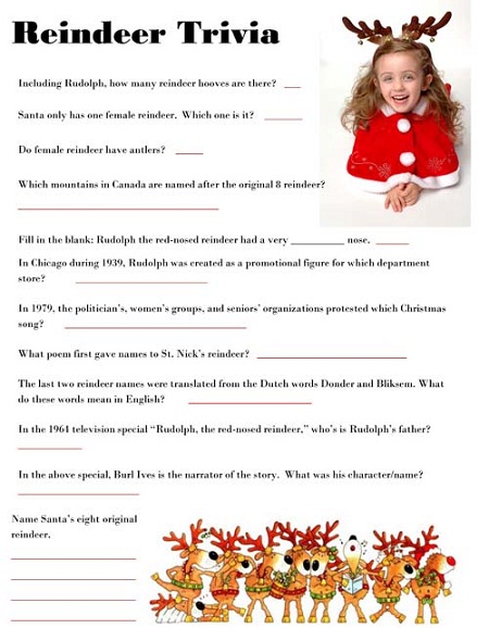 Reindeer Trivia Game Sheet