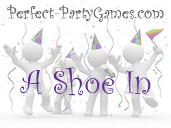 perfect party games logo with the game name a shoe in
