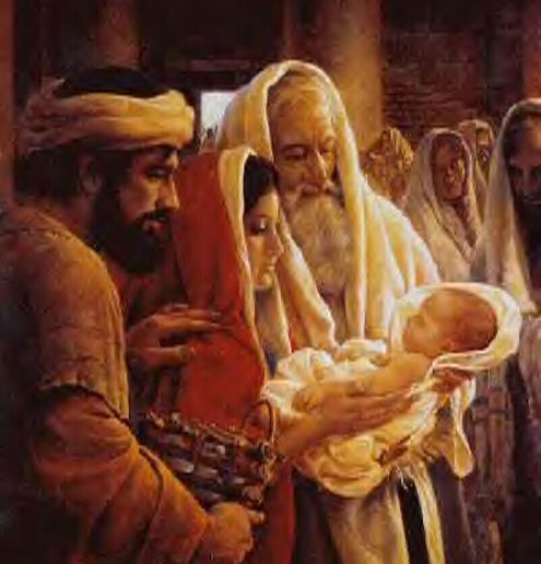 Mary showing her son Jesus to two men